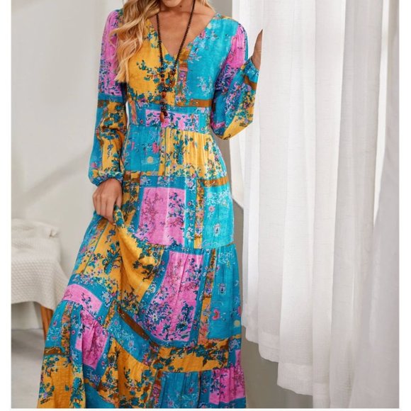 Floral Scarf Print Ruffle Hem Maxi Dress - Picture 2 of 6